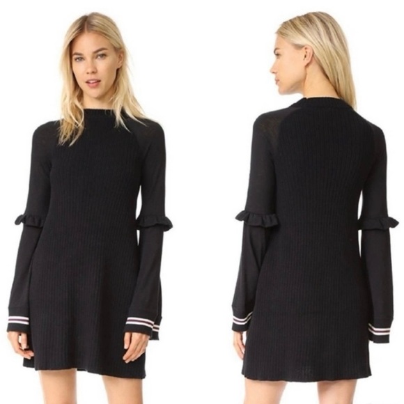 Free People Black Zou Bisou Ribbed Knit Bell Sleeve Sweater Dress Size Small - Picture 2 of 11